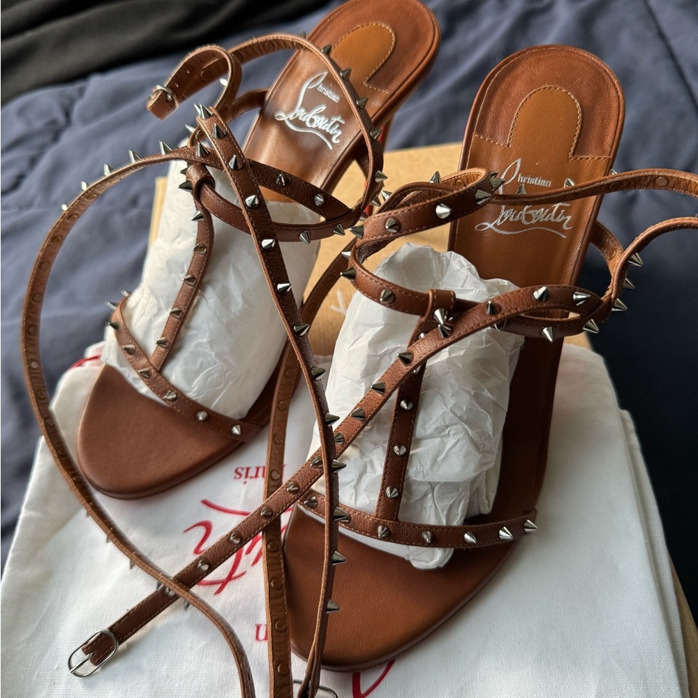 Christian Louboutin, Bombina spikes, Ankle Strappy Sandal heel, Brown Size 39